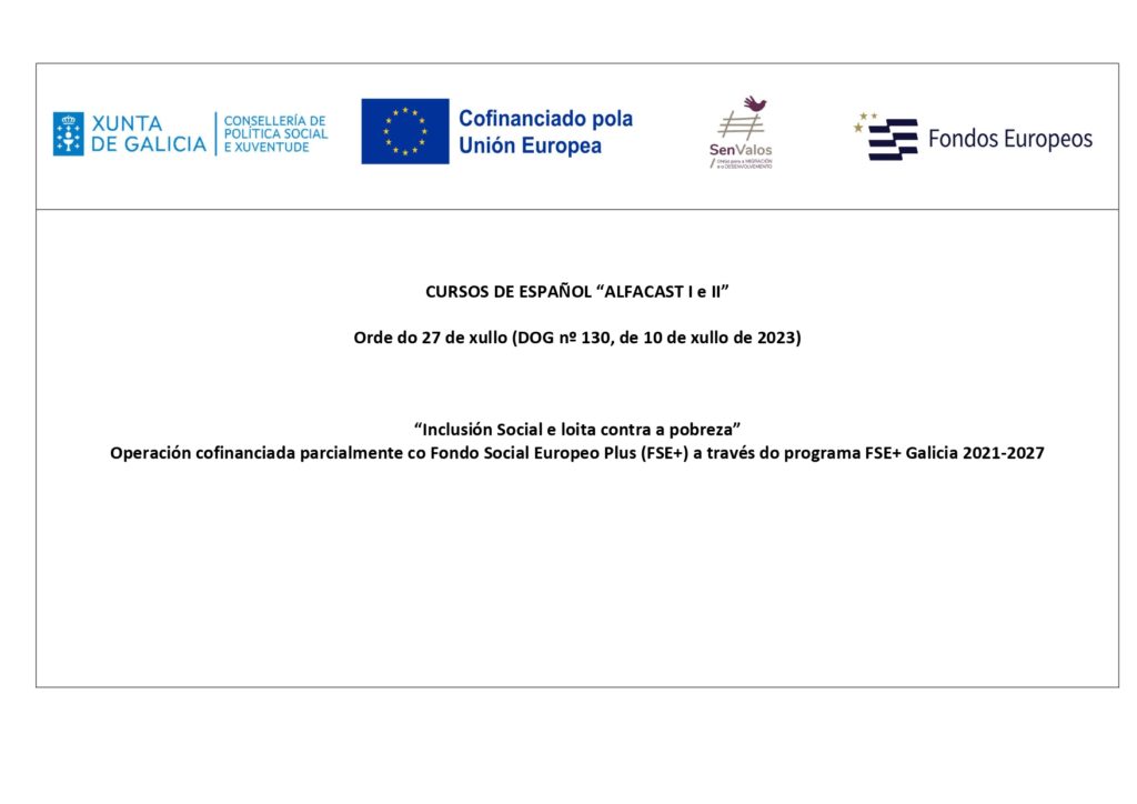 Cartel de cursos de español de SenValos financiados por la Consellería de Política Social e Xuventude y el Fondo Social Europeo Convocatoria 2023-2025